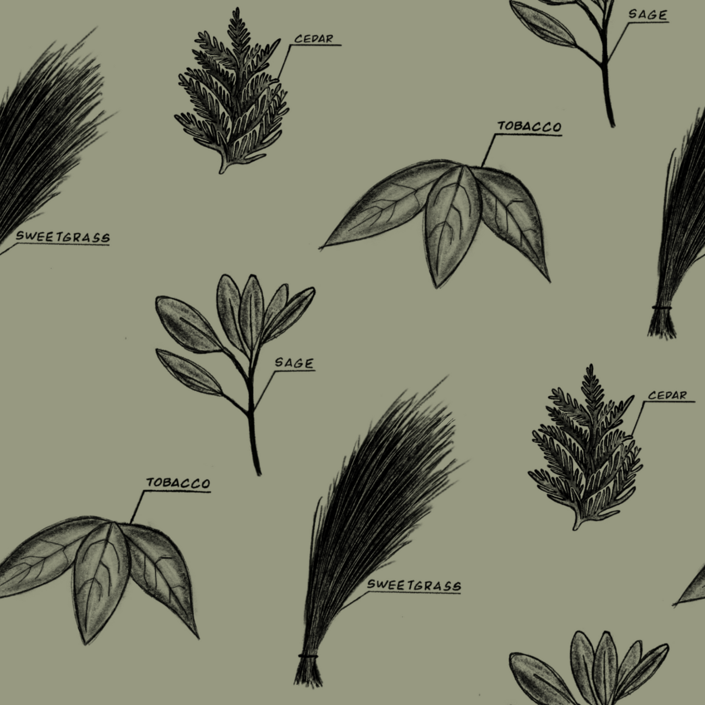 Pattern of black leaf illustrations on a light green background