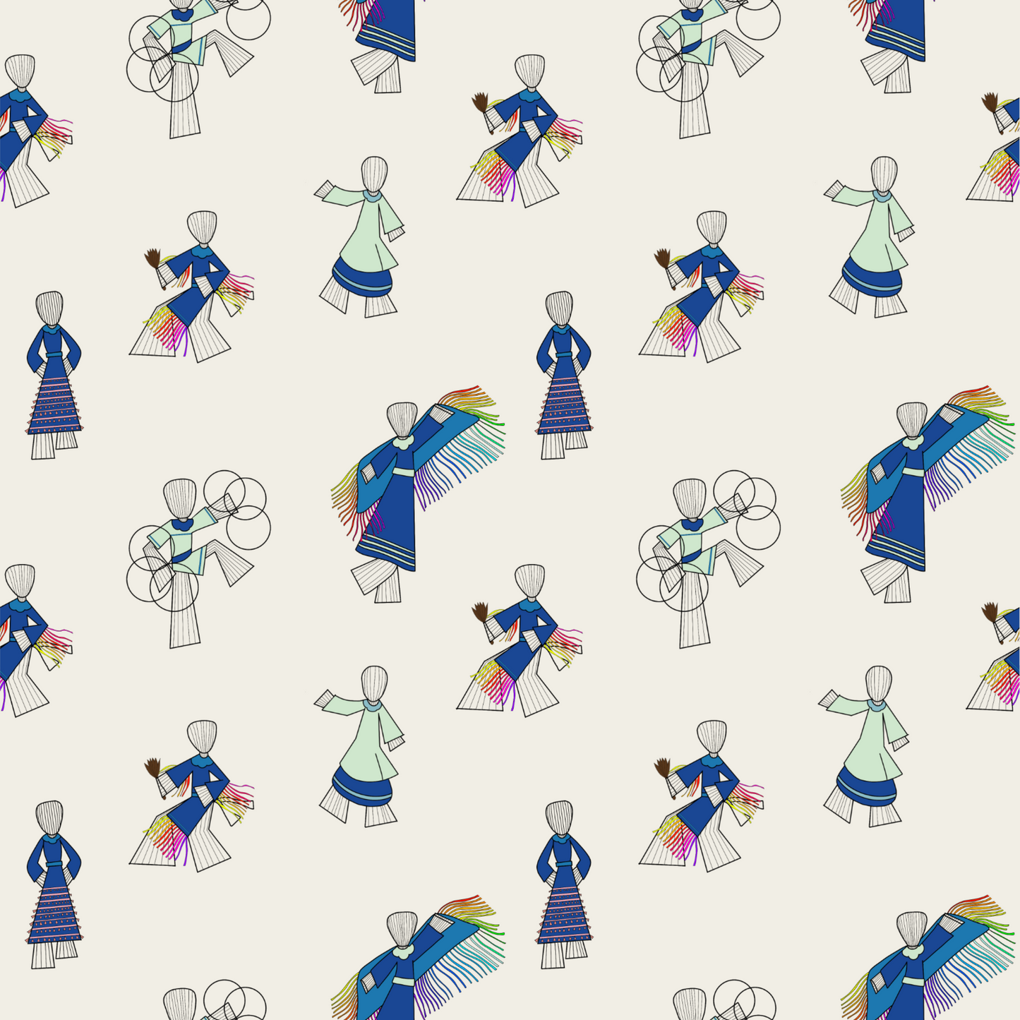 Pattern of dancers in various poses on a white background