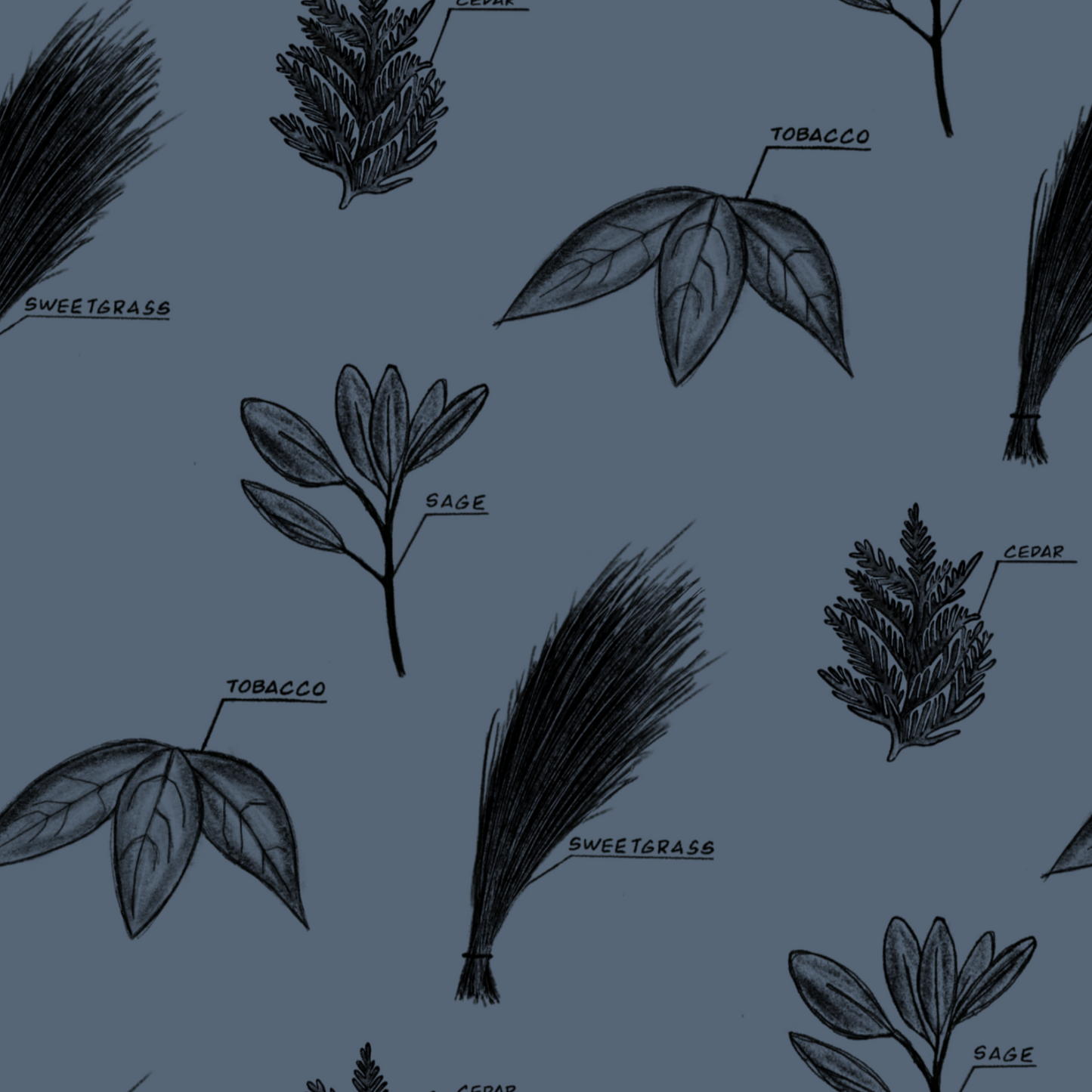 Pattern of black leaves on a blue background