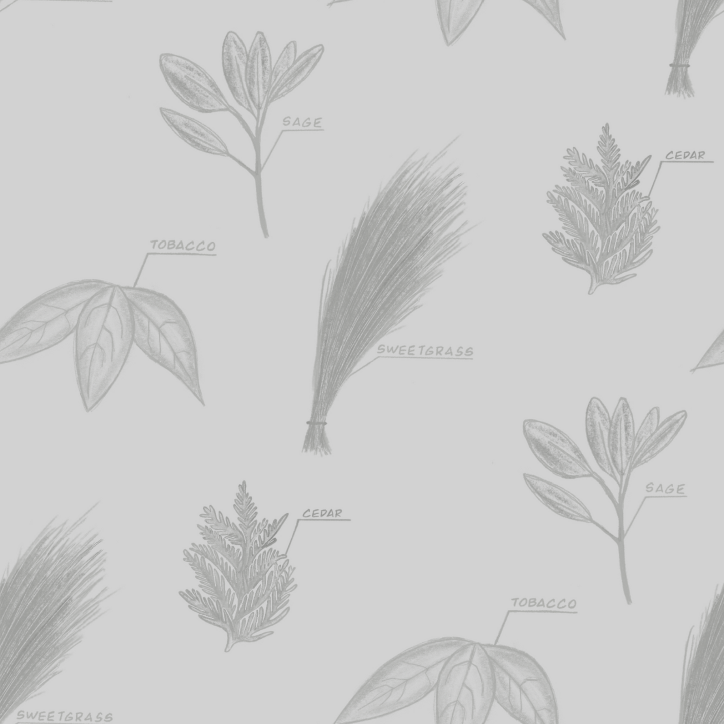 Pattern of grey leaves and feathers on a grey background