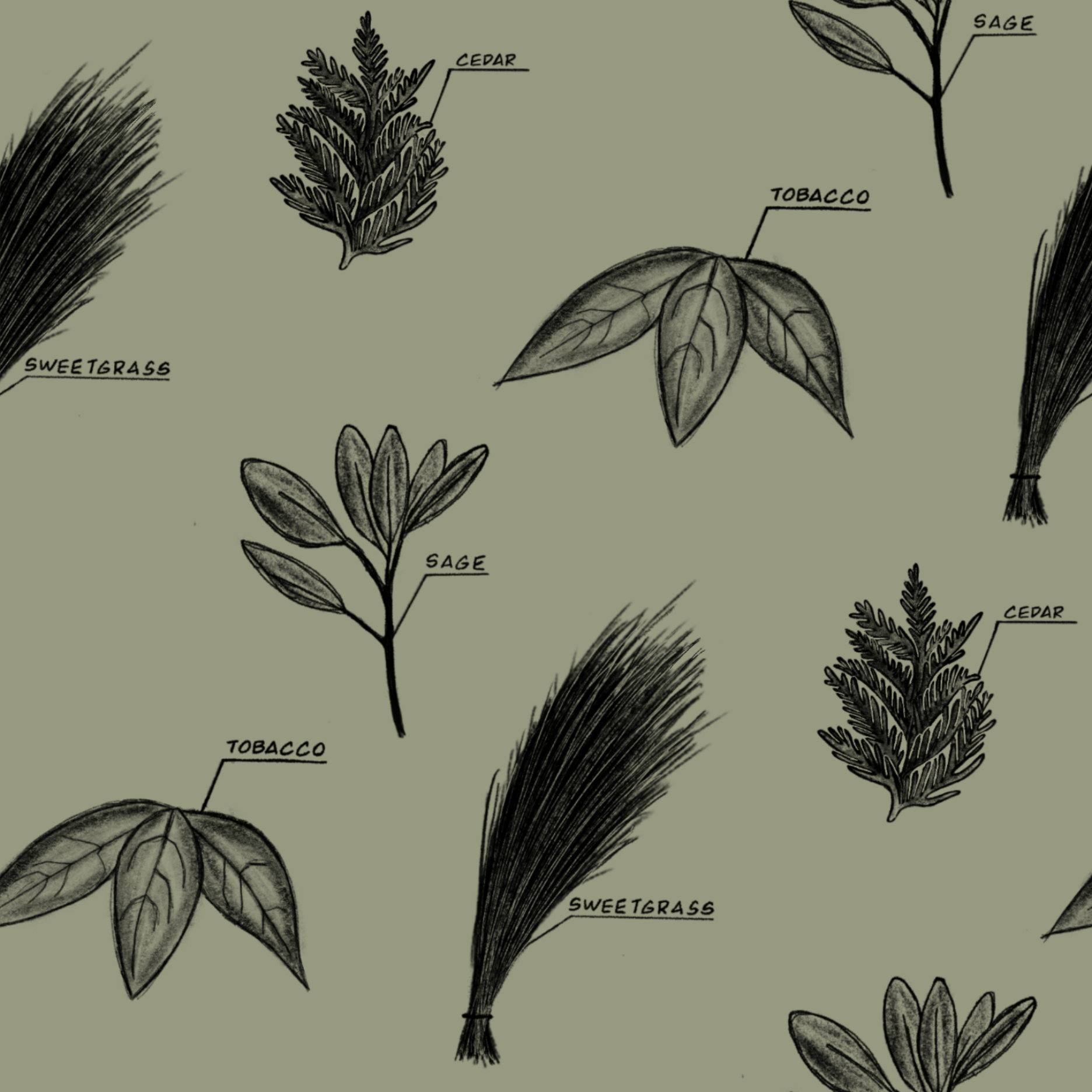 Pattern of black leaf illustrations on a light green background
