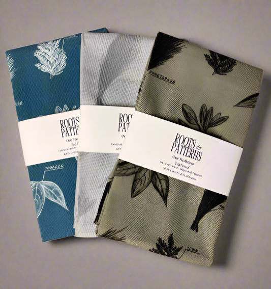Three patterned fabric swatches with 'Roots of Patterns' branding on a gray background