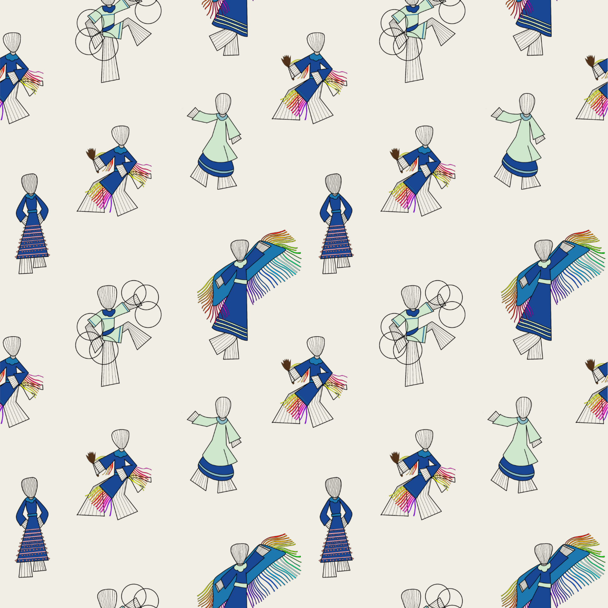 Pattern of dancers in various poses on a white background